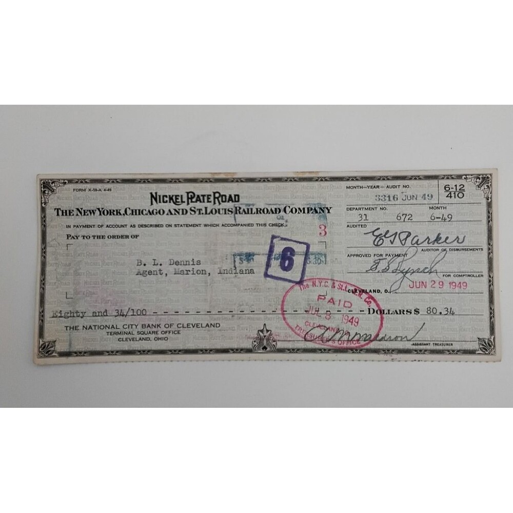 Nickel Plate Railroad Check B L Dennis A A Thompson Marion Indiana 1949